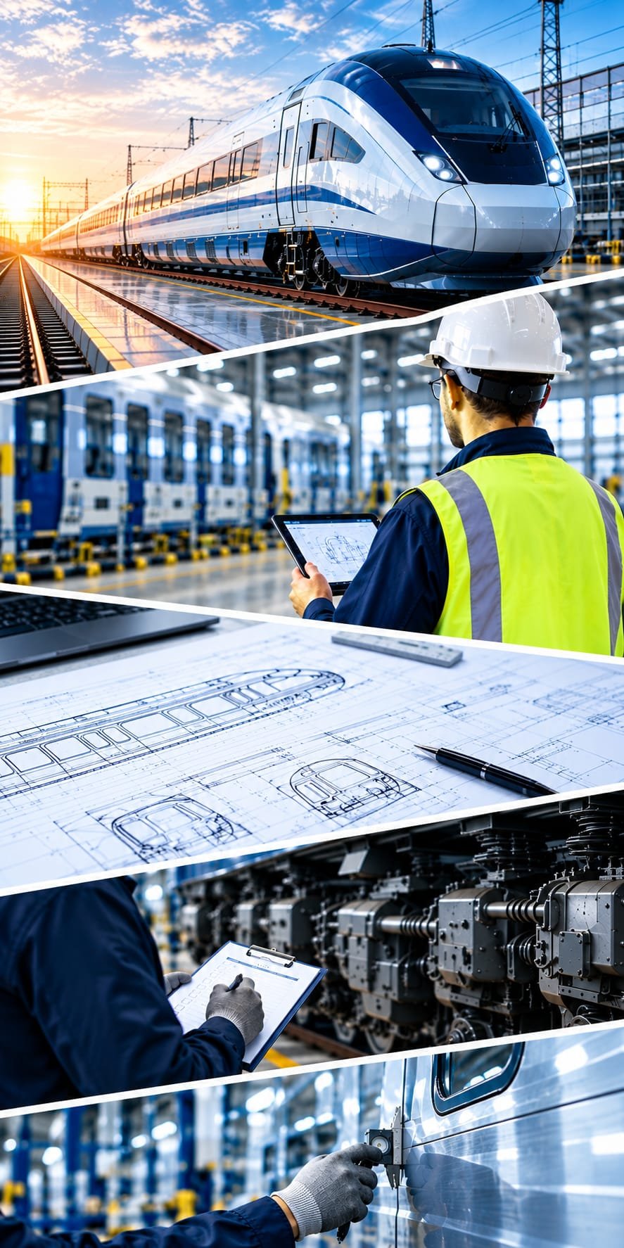 Rolling stock quality assurance: a high-speed train, an engineer with a tablet in the factory, a car-body drawing, a bogie inspection and a caliper measurement